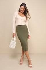 Seasonal Fave Olive Green Ribbed Knit Midi Sweater Skirt