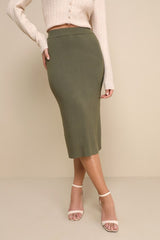 Seasonal Fave Olive Green Ribbed Knit Midi Sweater Skirt