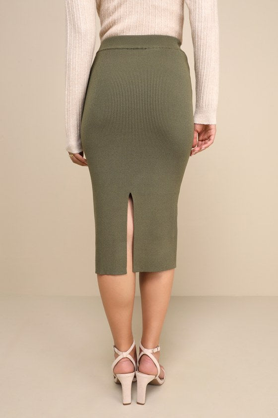 Seasonal Fave Olive Green Ribbed Knit Midi Sweater Skirt