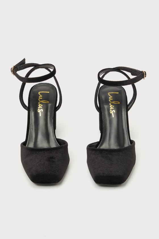 Izzori Black Velvet Square Toe Ankle Strap Heels
