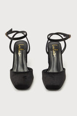 Izzori Black Velvet Square Toe Ankle Strap Heels