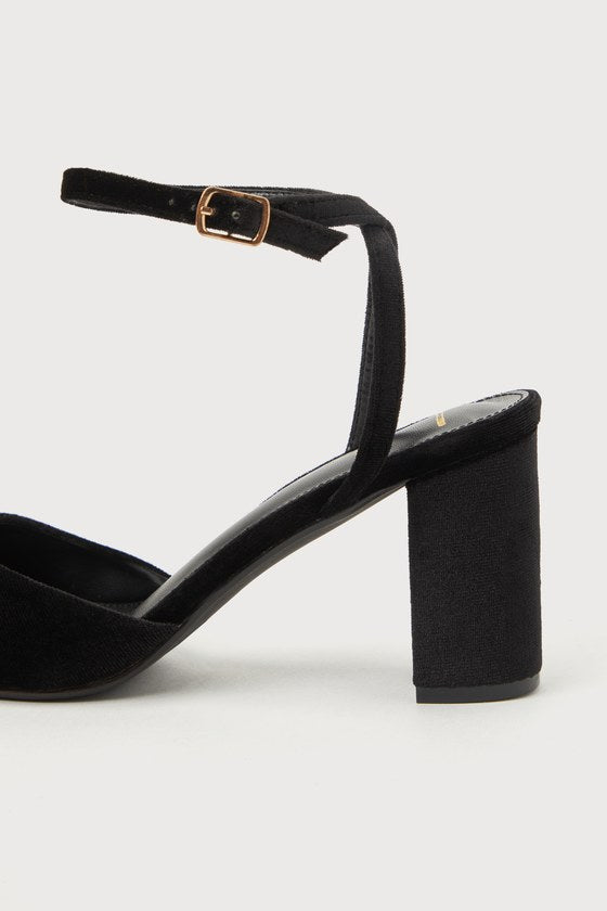 Izzori Black Velvet Square Toe Ankle Strap Heels