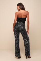 Marvelous Fun Black Sequin Strapless Straight Leg Jumpsuit