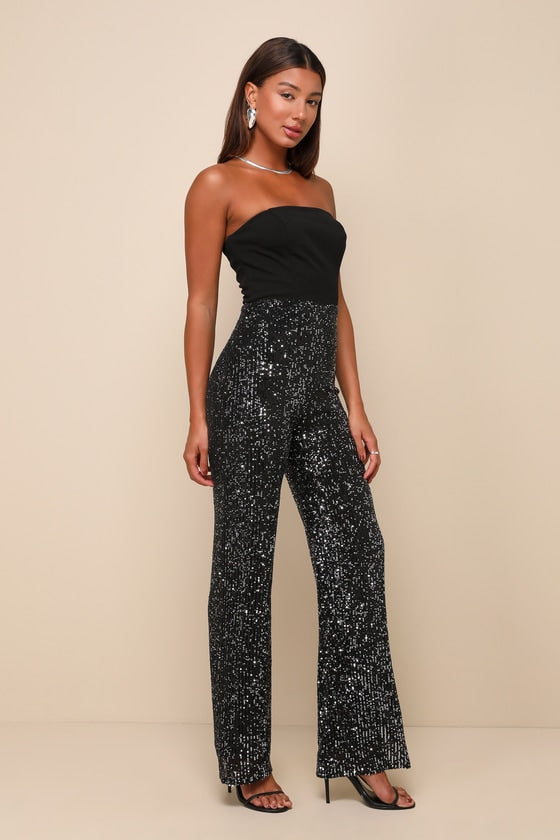 Marvelous Fun Black Sequin Strapless Straight Leg Jumpsuit