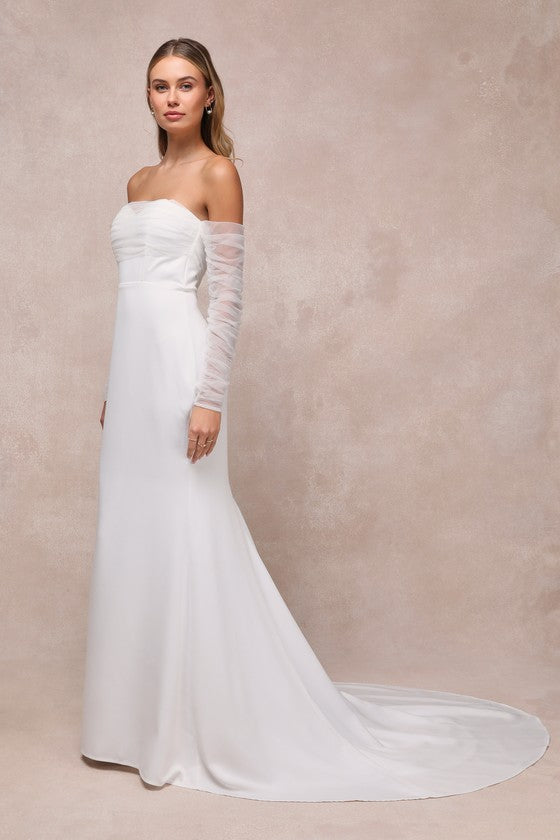 Eternal Bliss White Tulle Off-the-Shoulder Bustier Maxi Dress