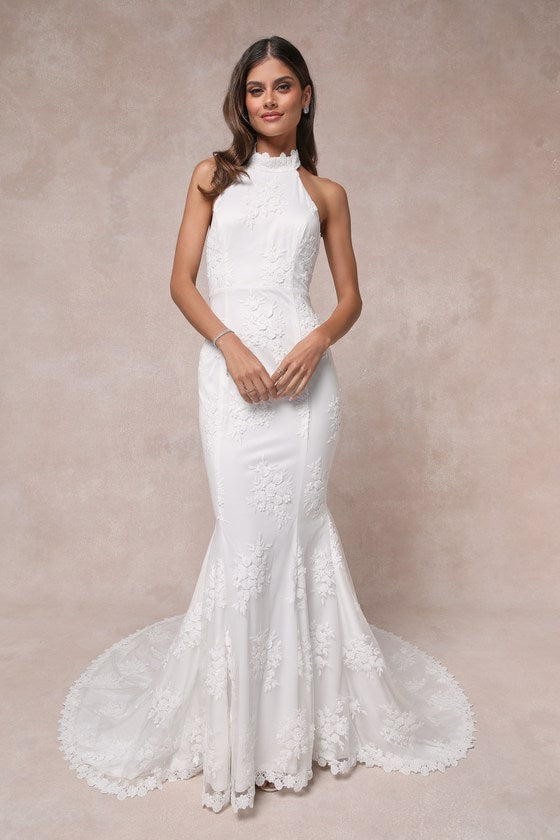 Dreamy Glamour White Embroidered Halter Mermaid Maxi Dress