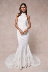 Dreamy Glamour White Embroidered Halter Mermaid Maxi Dress