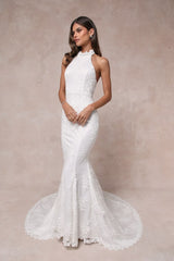 Dreamy Glamour White Embroidered Halter Mermaid Maxi Dress