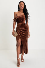 Showing Off a Little Brown Velvet Asymmetrical Tulip Midi Dress