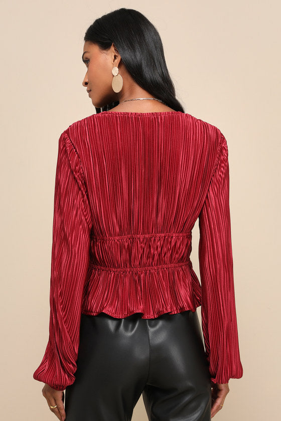 Luxe Designs Wine Red Plisse Satin Long Sleeve Tie-Front Top