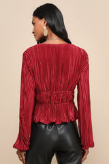 Luxe Designs Wine Red Plisse Satin Long Sleeve Tie-Front Top