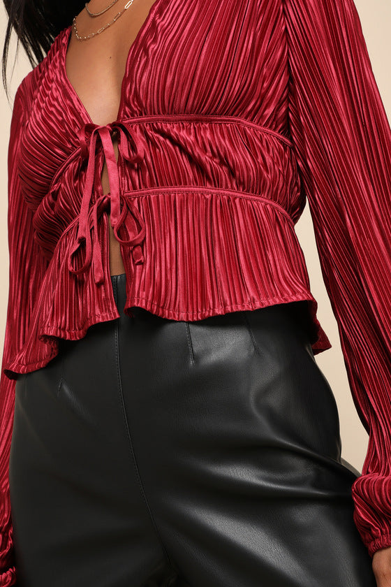 Luxe Designs Wine Red Plisse Satin Long Sleeve Tie-Front Top