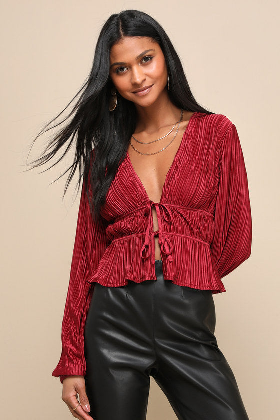 Luxe Designs Wine Red Plisse Satin Long Sleeve Tie-Front Top
