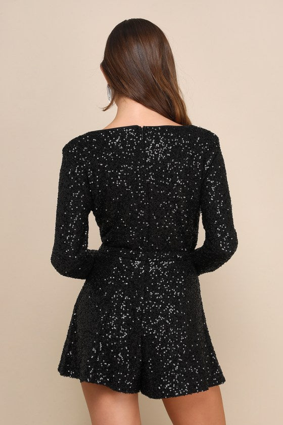 Cue the Shine Black Sequin Long Sleeve Romper