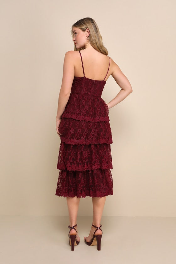 Exceptional Persona Wine Red Lace Tiered Bustier Midi Dress