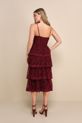 Exceptional Persona Wine Red Lace Tiered Bustier Midi Dress