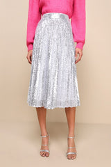 Glamorous Occasion Silver Sequin Pleated Midi Skirt