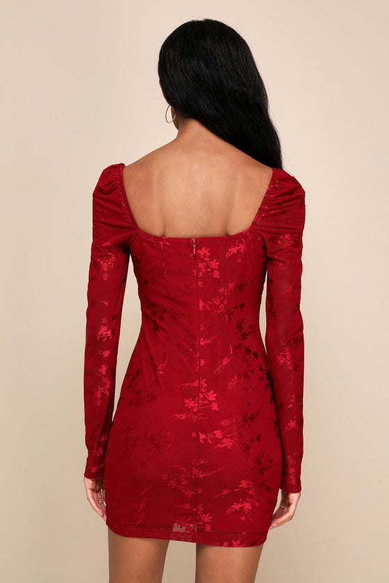 Sultry Occasion Wine Red Mesh Floral Long Sleeve Mini Dress