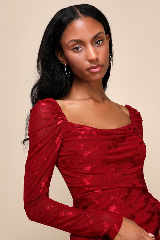 Sultry Occasion Wine Red Mesh Floral Long Sleeve Mini Dress