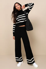 Effortlessly Charming Black Striped Wide-Leg Sweater Pants