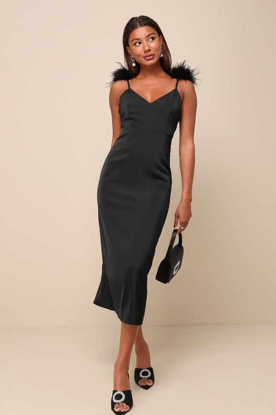 Exquisite Invite Black Satin Feather Backless Midi Dress