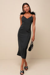Exquisite Invite Black Satin Feather Backless Midi Dress