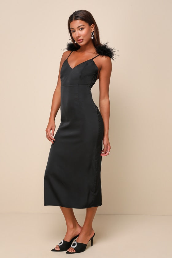 Exquisite Invite Black Satin Feather Backless Midi Dress