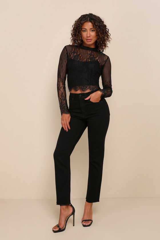 Tempt Me Black Sheer Lace Long Sleeve Crop Top