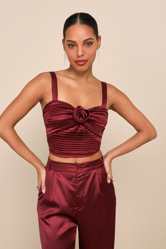 Flawless Behavior Burgundy Satin Pleated Rosette Tank Top