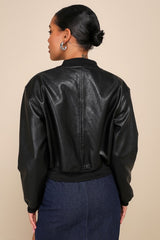 Edgy Inclination Black Vegan Leather Bomber Jacket