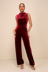 Essential Confidence Wine Red Velvet Mock Neck Jumpsuit