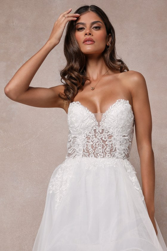Mine, All Mine White Embroidered Organza Strapless A-Line Gown