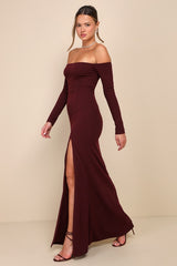 Alluring Sophistication Dark Plum Off-the-Shoulder Maxi Dress