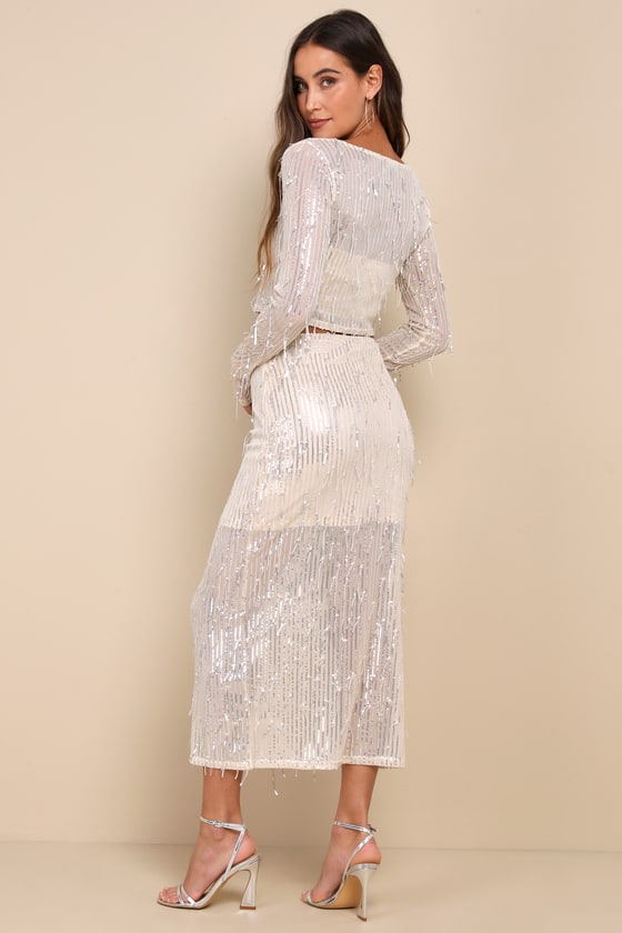Greatest Sparkle Beige Mesh Sequin Fringe Two-Piece Midi Dress