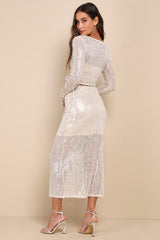 Greatest Sparkle Beige Mesh Sequin Fringe Two-Piece Midi Dress