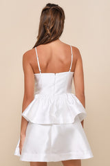 Bubbly Charm White Taffeta Tiered Ruffled Mini Dress