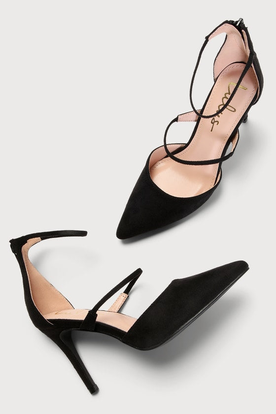 Lovelee Black Suede Pointed-Toe Ankle Strap Pumps