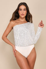 Dancing Diva Cream and Silver Sequin One-Shoulder Bodysuit