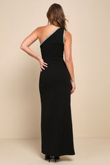 Glamorous Muse Black Rhinestone One-Shoulder Maxi Dress