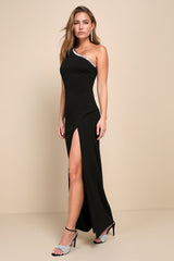 Glamorous Muse Black Rhinestone One-Shoulder Maxi Dress