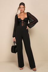 Instant Attraction Black Mesh Lace Long Sleeve Bustier Jumpsuit