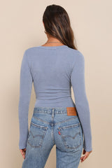 Pursuing Sweetness Light Blue Textured Ribbed Henley Bodysuit