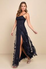 Abundant Charm Navy Blue 3D Floral Applique Maxi Dress