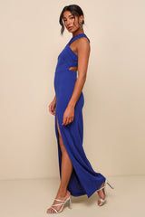Head to Cocktail Hour Royal Blue Halter Neck Maxi Dress