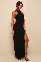 Head to Cocktail Hour Black Halter Neck Maxi Dress