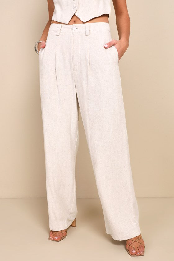 Suits You Perfectly Beige Linen Wide-Leg Pants