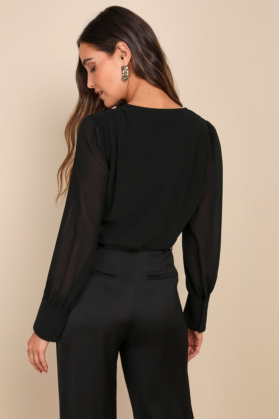 Sophisticated Aspect Black Chiffon Surplice Long Sleeve Bodysuit