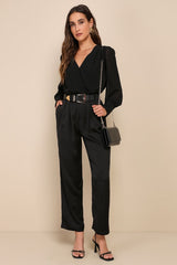 Sophisticated Aspect Black Chiffon Surplice Long Sleeve Bodysuit