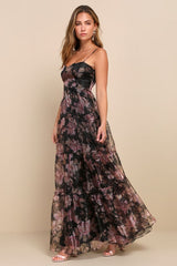 Exclusive Glamour Black Floral Organza Tiered Maxi Dress