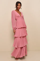 Graceful Finesse Dusty Rose Pleated Long Sleeve Maxi Dress